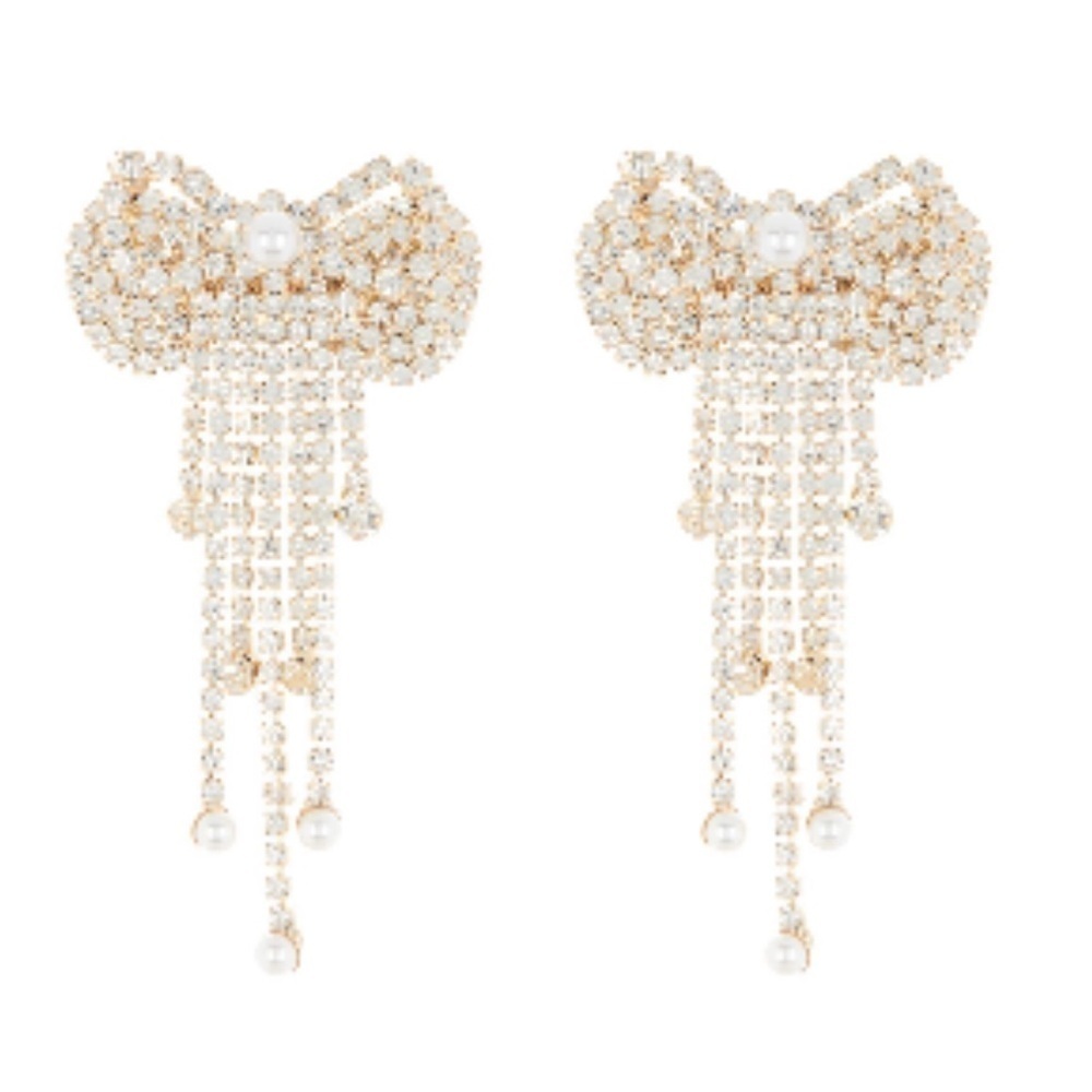Tasha Gold Crystal Imitation Pearl Fringe Bow
Earrings NWT